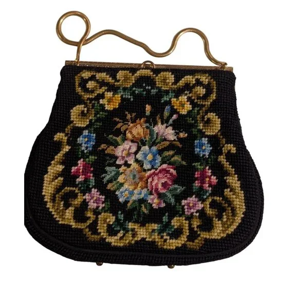 Vintage Floral Needlepoint Evening Bag Metal Frame Chain Strap etched clasp - Picture 9 of 16